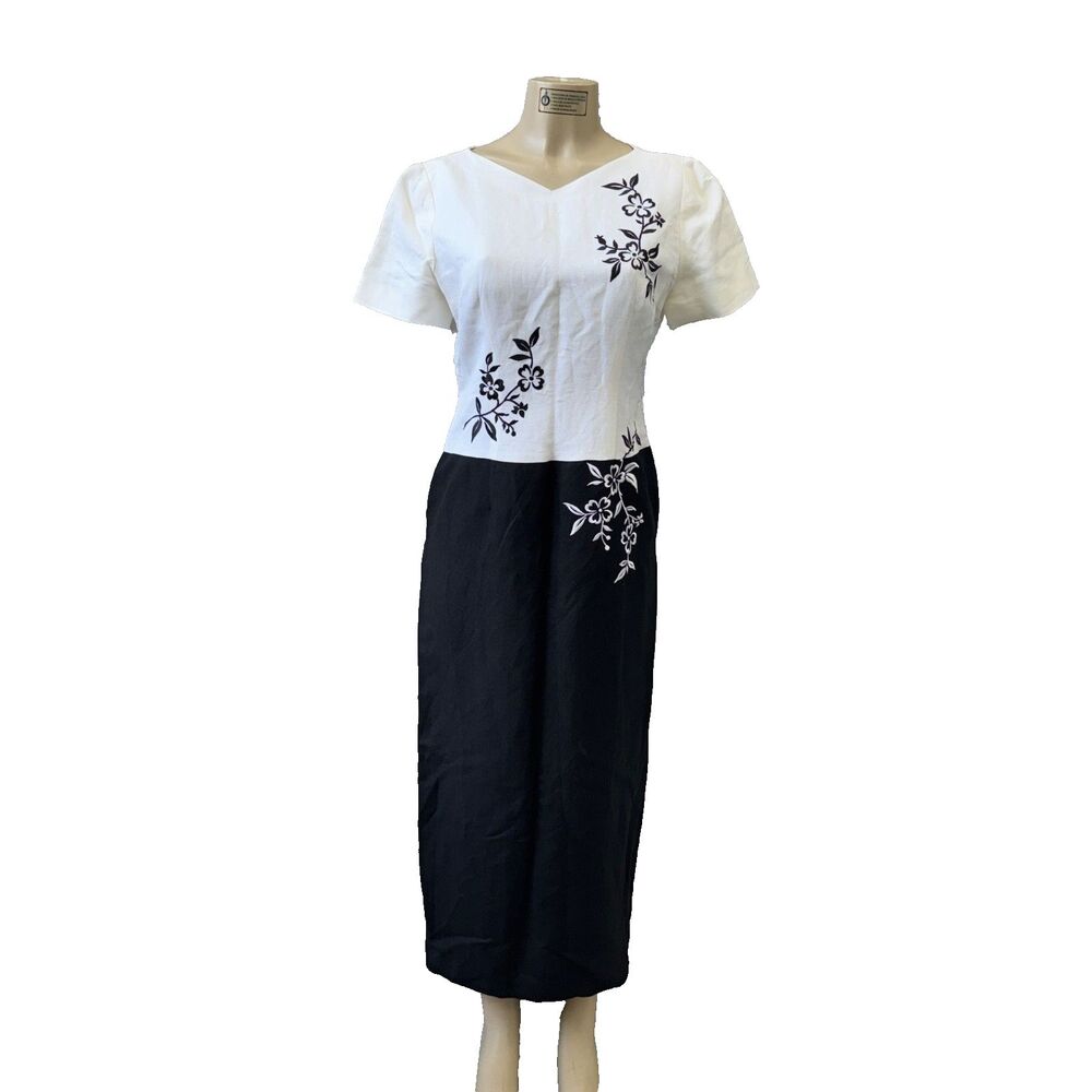 Maggie London Dress Linen Rayon Womens 8 Floral Embroidered Lined Zip NWOT white